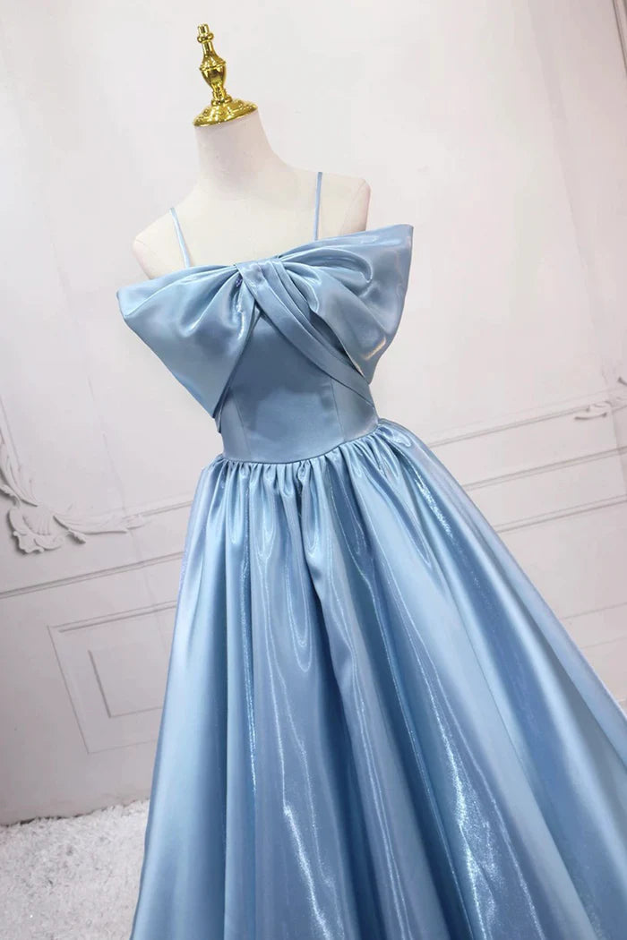Blue Satin Long A-Line Prom Dress, Blue Spaghetti Strap Evening Party Dress